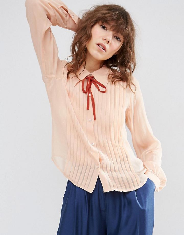 Asos Pintuck Blouse With Tie Detail - Blush