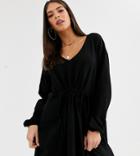 Asos Design Tall Long Sleeve Smock Dress With Drawstring Waist-black