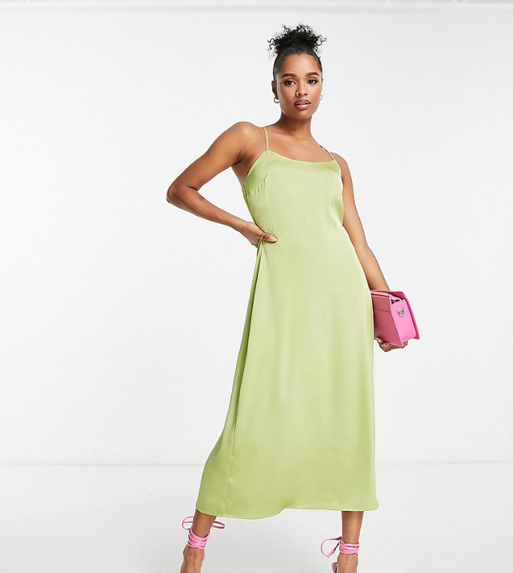 Lola May Petite Satin Cross Back Midi Dress In Chartreuse-green