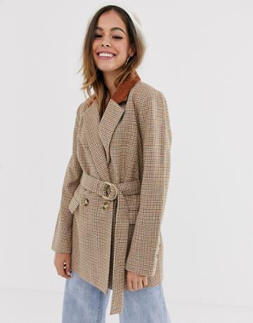 Moon River Check Blazer With Contrast Collar-brown