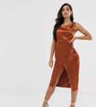 Outrageous Fortune Petite Satin Asymmetric Shoulder Dress In Chocolate-brown