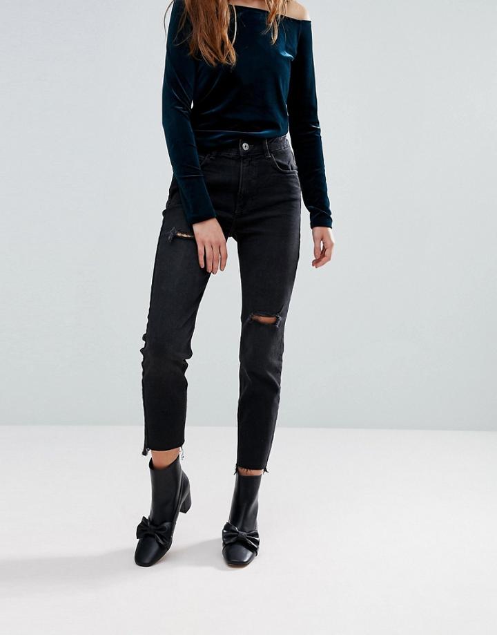 Bershka Straight Leg Washed Black Jean - Black