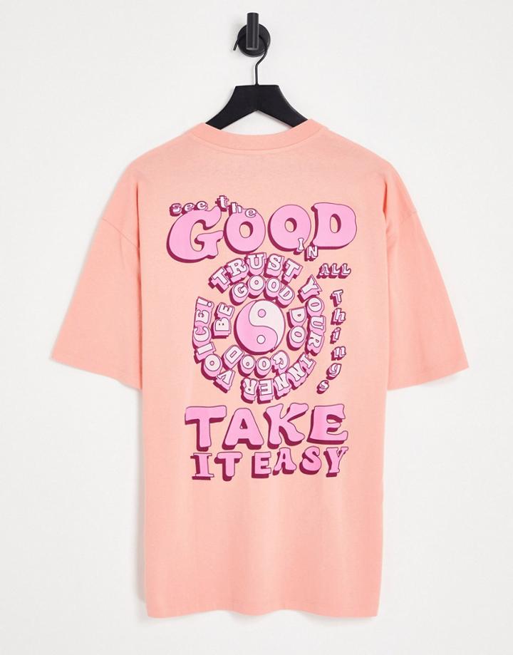 Topshop See The Good Back Graphic Oversized Tee In Coral-multi