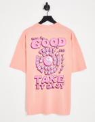 Topshop See The Good Back Graphic Oversized Tee In Coral-multi