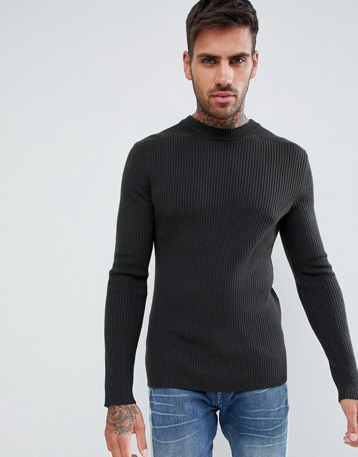 Hugo Slogen Extra Slim Fit Merino Ribbed Knit Sweater With Arm Badge Logo In Khaki - Green