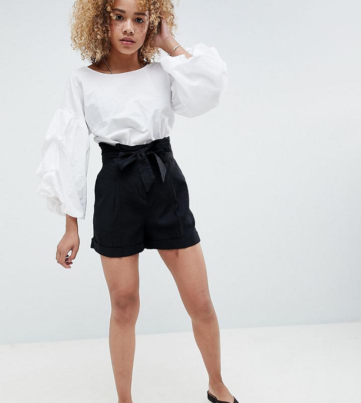Asos Design Petite Tailored Linen Casual Short With Tie Waist - Black