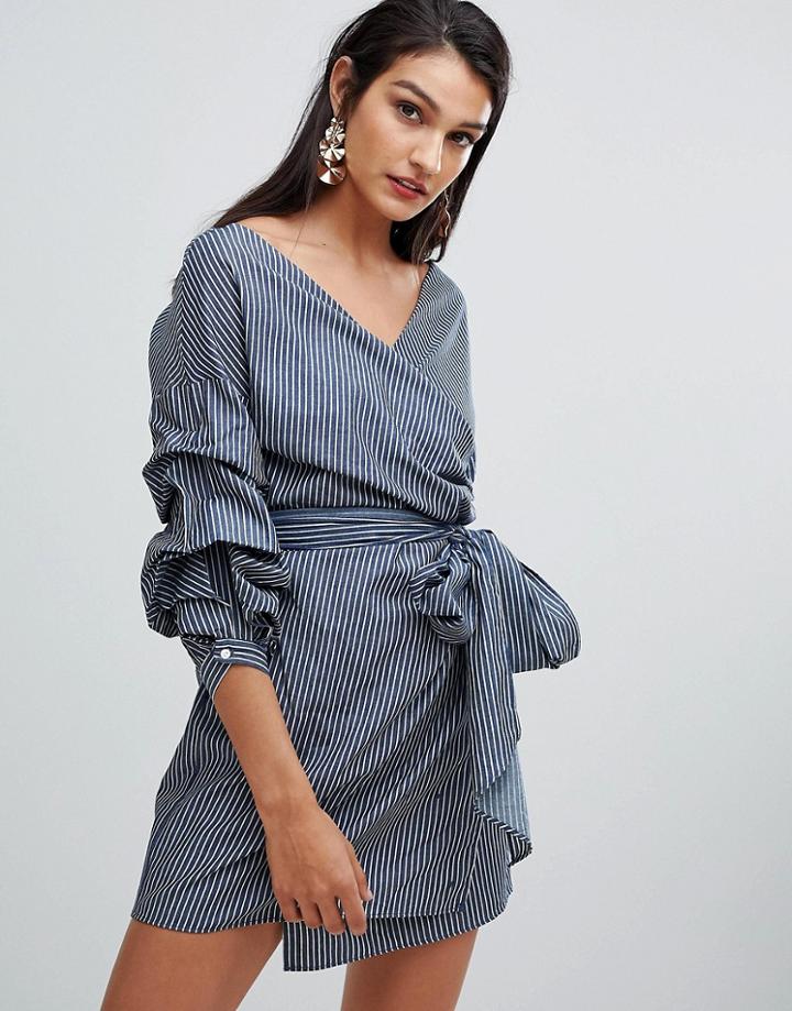 Lunik Stripe Dress With Gathered Sleeves - Blue