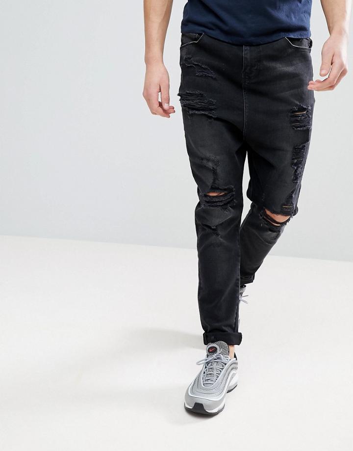 Asos Drop Crotch Jeans In Washed Black With Heavy Rips - Black
