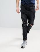 Asos Drop Crotch Jeans In Washed Black With Heavy Rips - Black