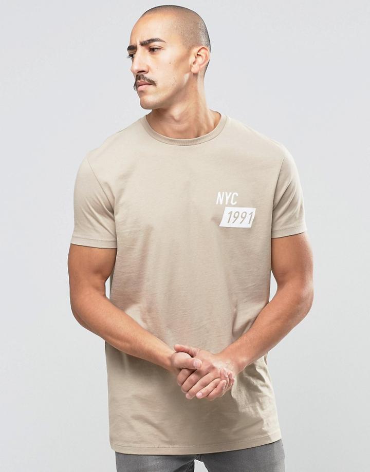 Asos Longline T-shirt With Text Placement Print In Beige - Beige