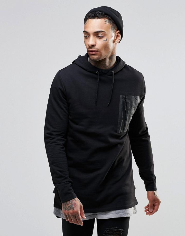 Asos Longline Hoodie With Military Print Pocket - Black