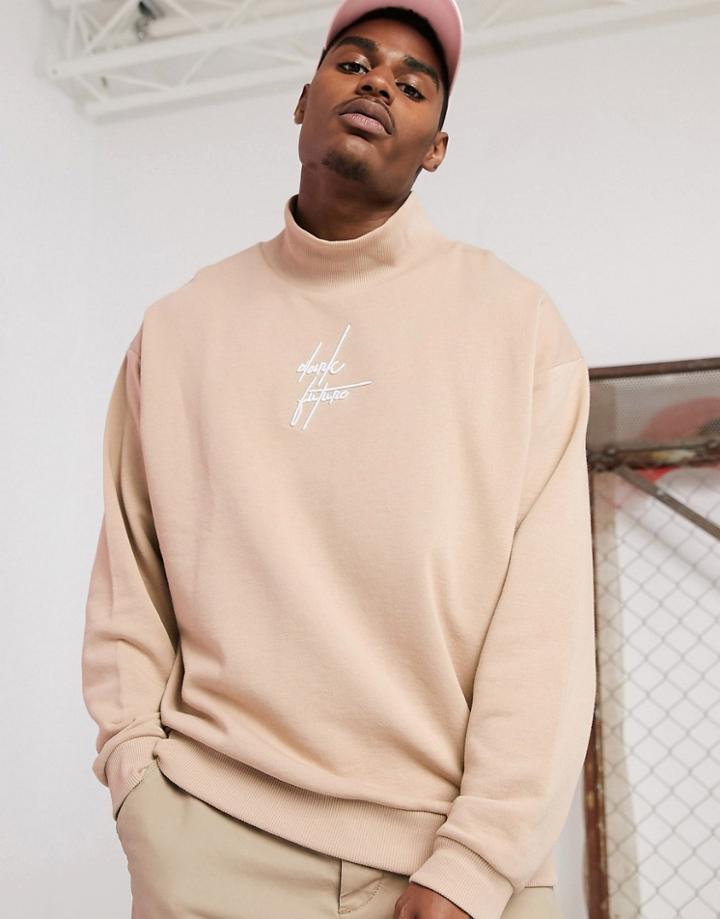 Asos Design Oversized Funnel Neck Sweatshirt In Beige With Embroidered Dark Future Logo