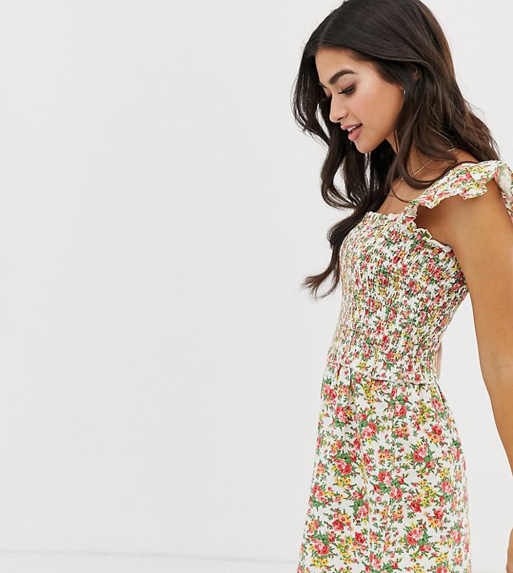 Asos Design Petite Shirred Romper With Frill Sleeve-multi