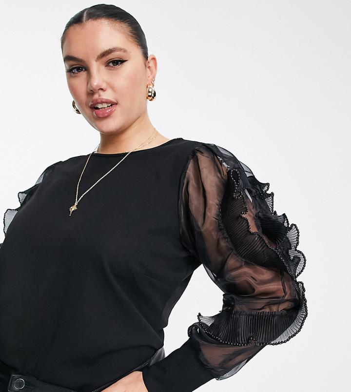 River Island Plus Frill Organza Sleeved T-shirt In Black