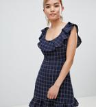Fashion Union Petite Frill Sleeve Tea Dress In Check - Blue