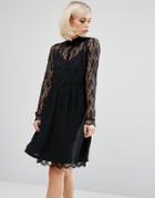 Lost Ink Smock Shirt Dress With Lace Panel - Black