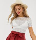 Asos Design Tall Pointelle Tee With Scallop Edge-white