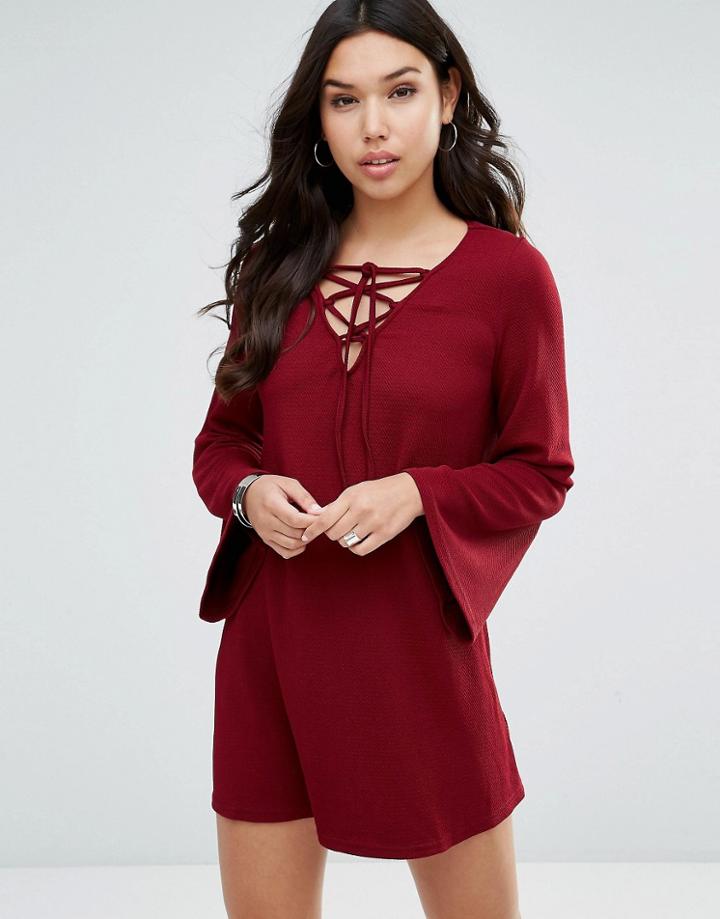 Ax Paris Swing Dress With Lace Up Detail - Wine