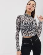 Asos Design High Neck Top In Zebra Print Sheer Mesh With Long Sleeve-black