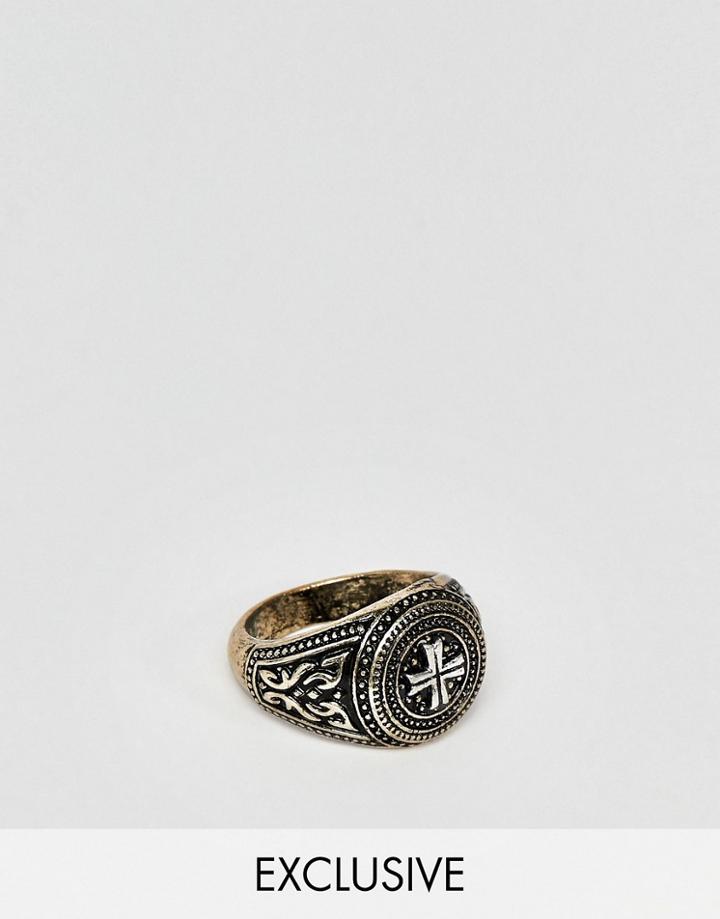 Reclaimed Vintage Silver & Gold Signet Ring With Cross Engraving Exclusive To Asos - Silver