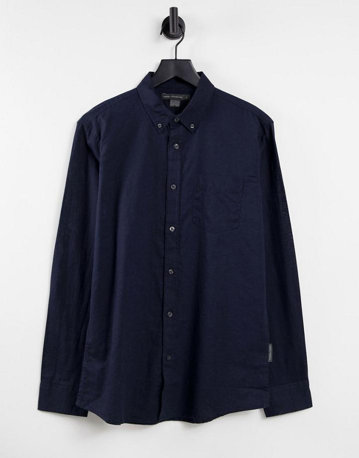 French Connection Long Sleeve Linen Shirt In Navy-blue