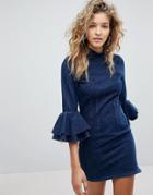 Asos Denim Mini Dress With Waterfall Sleeve - Blue