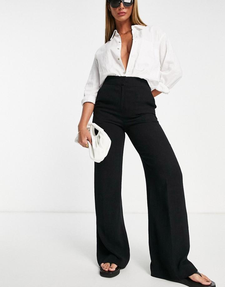 Asos Design Linen Wide Leg Relaxed Flare Pants In Black