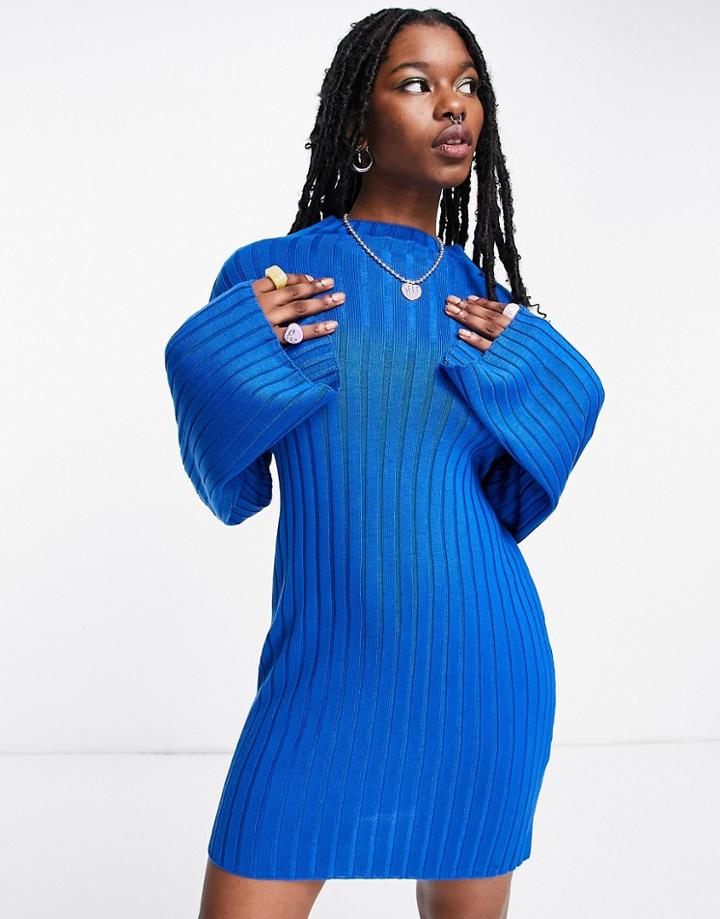 Topshop Knitted Rib Dress In Blue