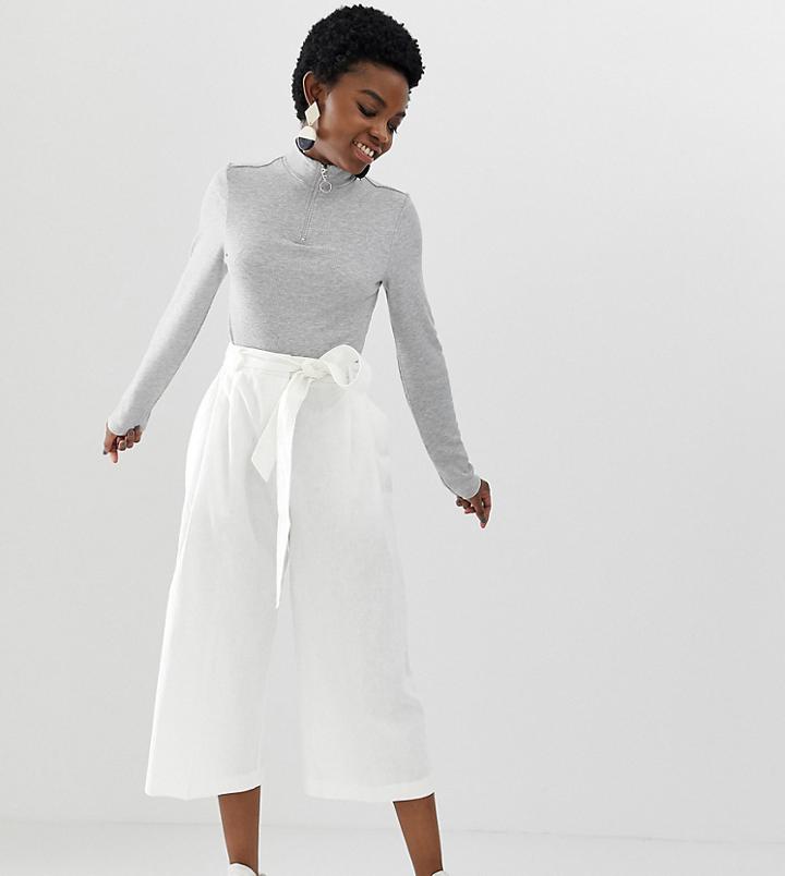 Asos Design Petite Linen Tie Waist Culotte-white