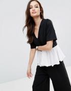 Asos Top With V Neck And Ruffle Hem Detail - Black