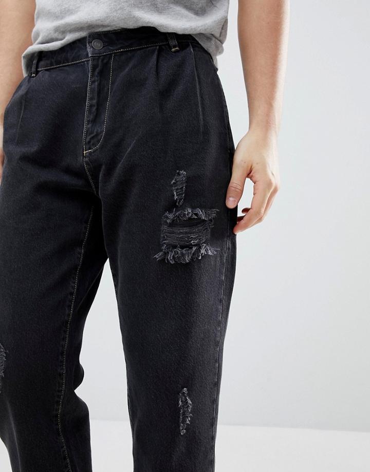Asos Design Double Pleat Jeans In Washed Black With Rips - Black