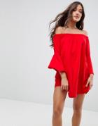 Asos Off Shoulder Mini Dress With Trumpet Sleeve - Red