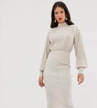 Asos Design Tall Plisse High Neck Balloon Sleeve Open Back Midi Dress-cream