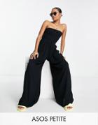 Asos Design Petite Crinkle Rayon Strapless Slouch Jumpsuit In Black
