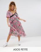 Asos Petite Eyelet Floral Satin Midi Dress - Multi