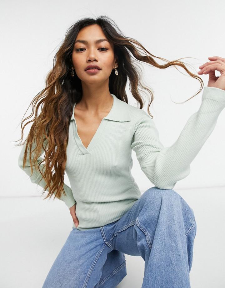 Neon Rose Fitted Polo Top In Rib Knit-green