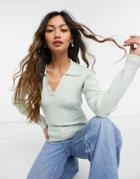 Neon Rose Fitted Polo Top In Rib Knit-green