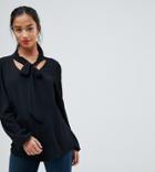 John Zack Petite Plunge Front Blouse With Neck Tie-black