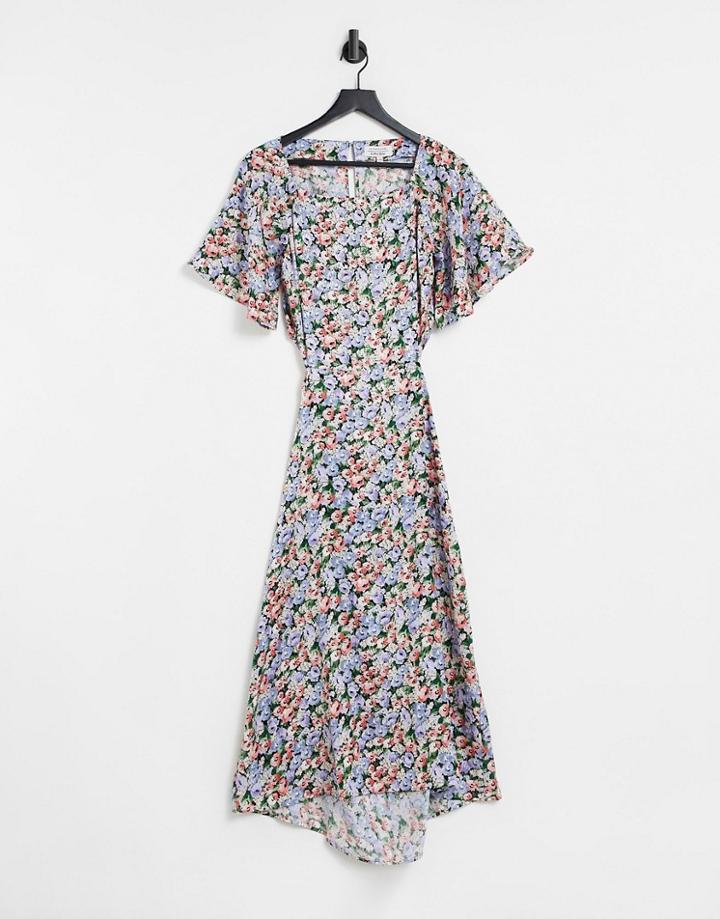 & Other Stories Jacquard Flutter Sleeve Open Waist Midi Dress In Floral - Multi