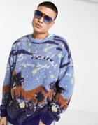Vintage Supply Knitted Sweater In All Over Night Landscape Print-blue