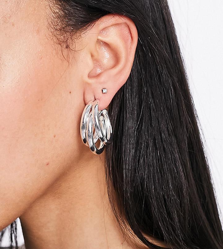 Asos Design Silver Plated Hoop Earrings In Triple Row