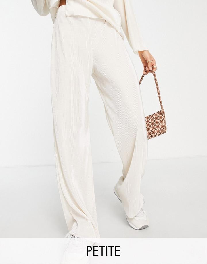 Miss Selfridge Petite Plisse Wide Leg Pant In Cream - Part Of A Set-white