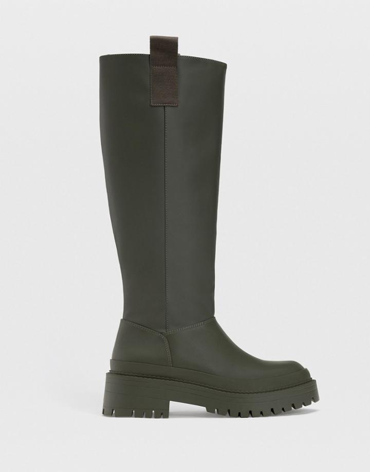 Stradivarius Chunky Sole High Leg Boots With Side Tab In Green