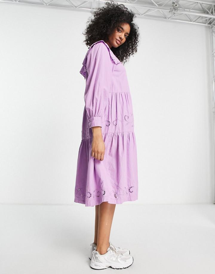 Selected Femme Eyelet Detail Midi Dress With Oversized Collar In Purple