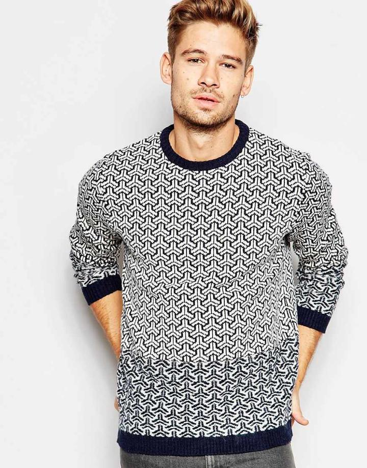 Asos Crew Neck Sweater With Reverse Knit Design - Navy And Ecru