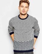 Asos Crew Neck Sweater With Reverse Knit Design - Navy And Ecru