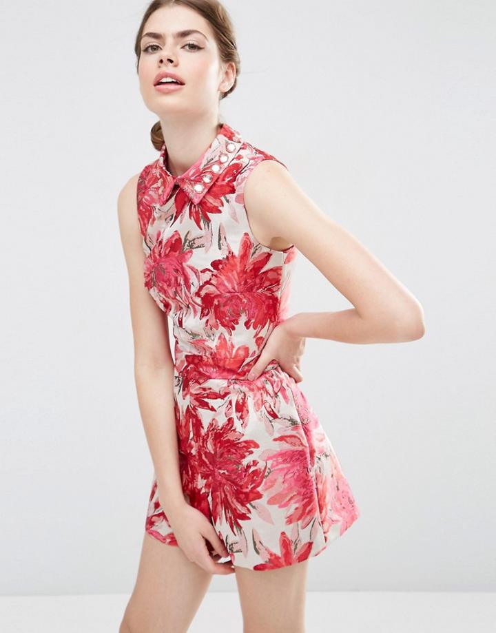 Asos Premium Jacquard Romper With Embellished Collar - Multi