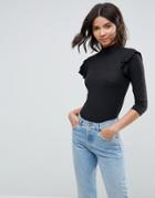 Pieces Ea Frill Shoulder Turtlneck Top - Black