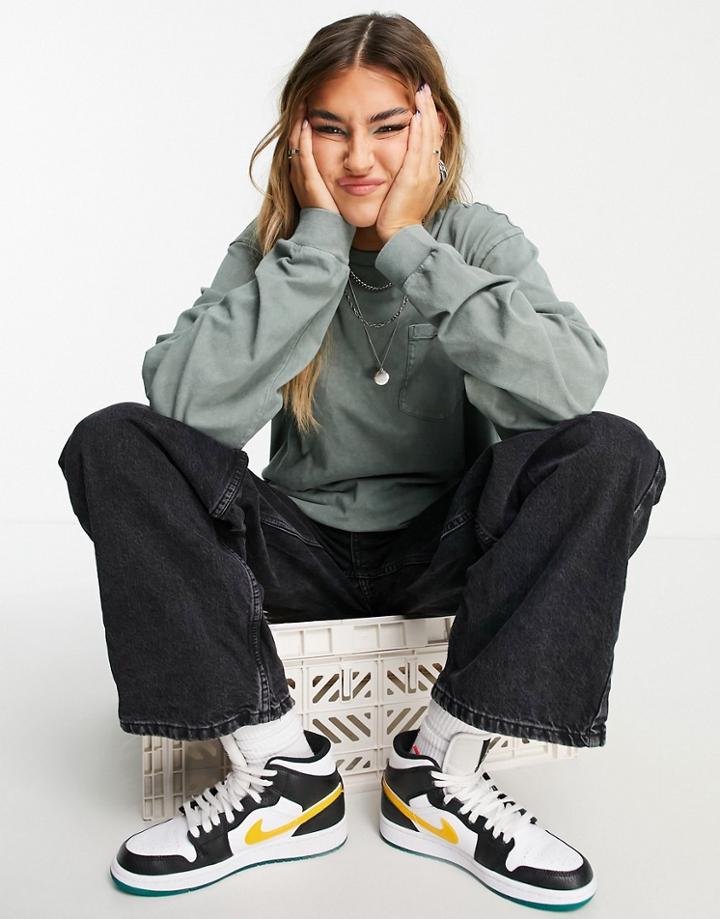 Asos Design Oversized Top With Pocket In Washed Green