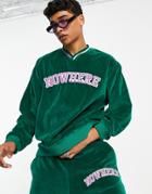 Asos Design Oversized V Neck Sweatshirt With Varsity Print In Velour - Part Of A Set-green